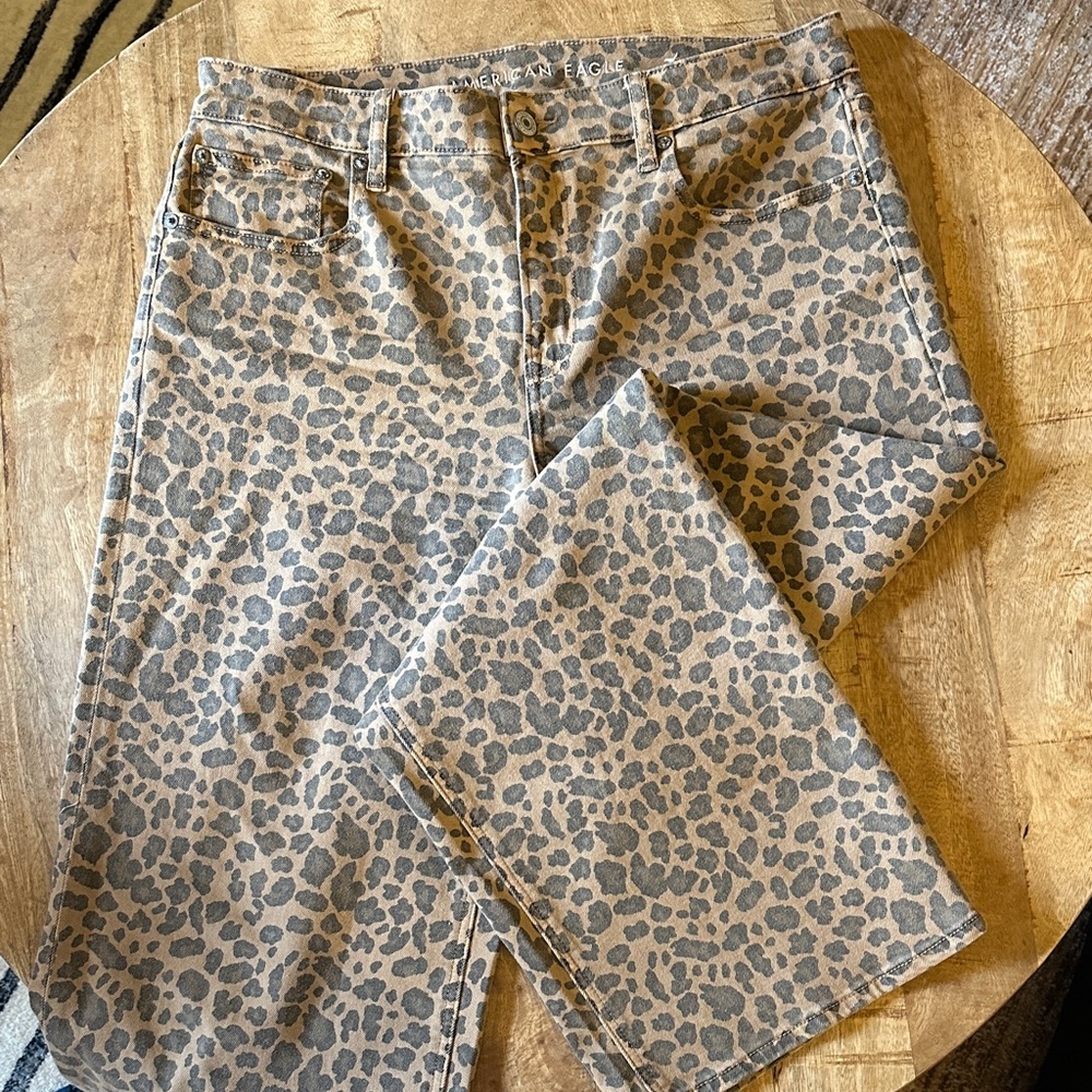 American Eagle Outfitters Leopard Print Denim Pants in Beige and Gray